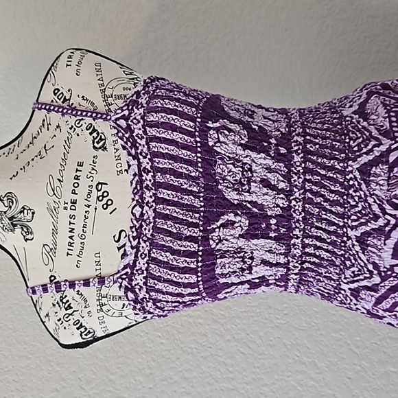 Boho Ruched Print Purple & White Spaghetti Strap Handkerchief Hem Sun Dress - Picture 2 of 4